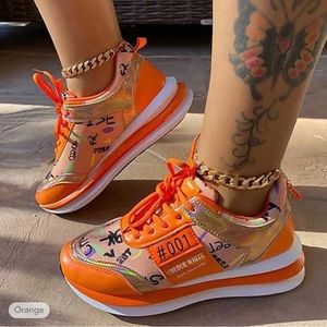 Orange and White Lace Up Graffiti Sneakers | NWT | Size 7